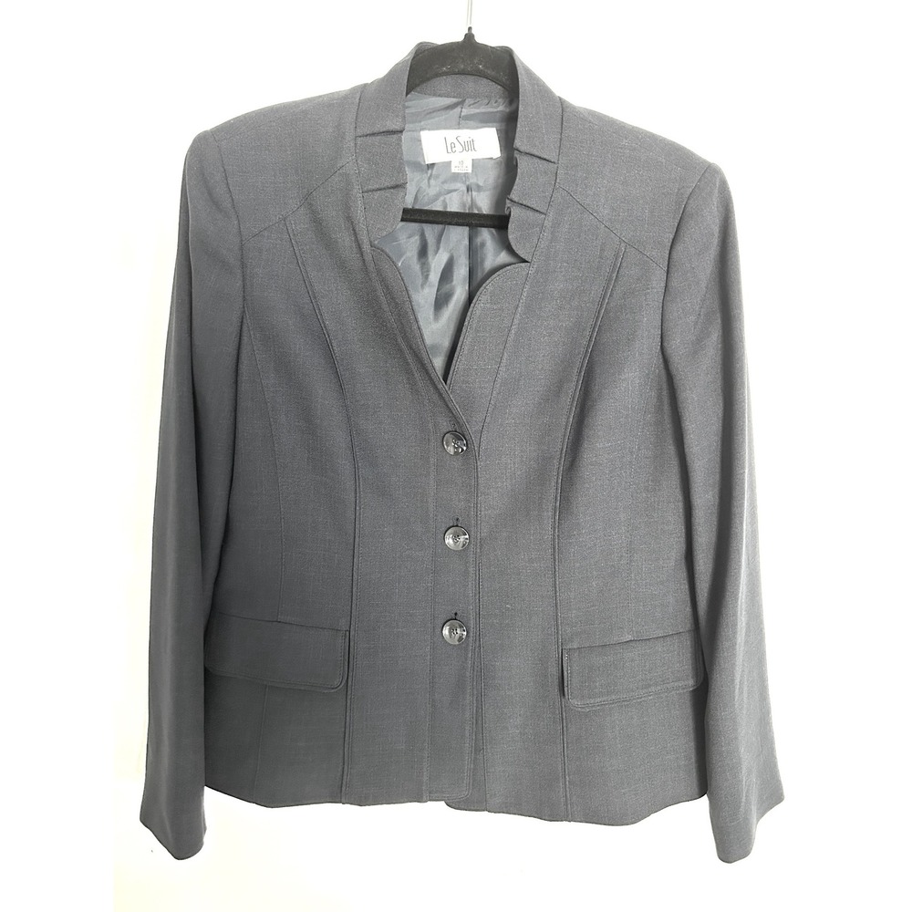Le Suit Womens Navy Blue Ruffle Collar Three Button Blazer Jacket Size 10